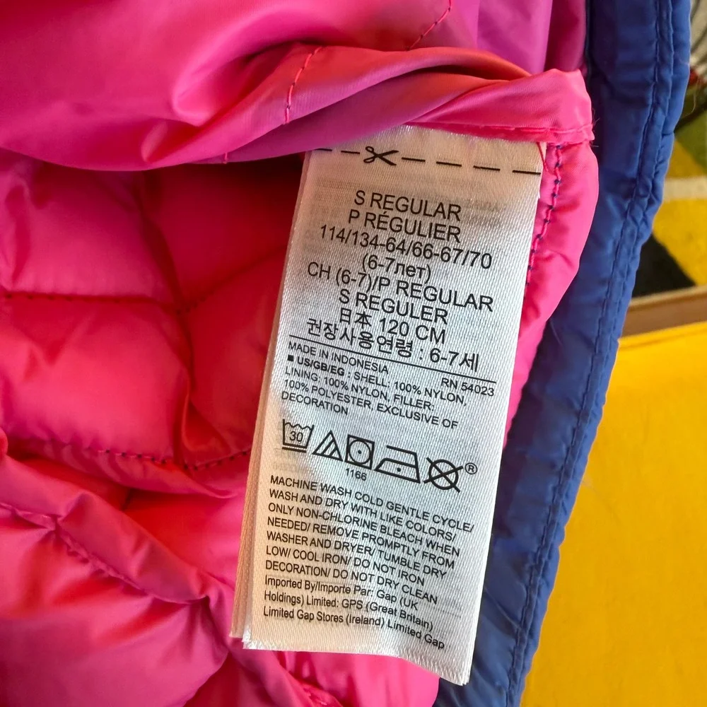 Gap Kids Blue Pink Puffer Jacket Hood Small 6-7 Winter Water Resistant Lined